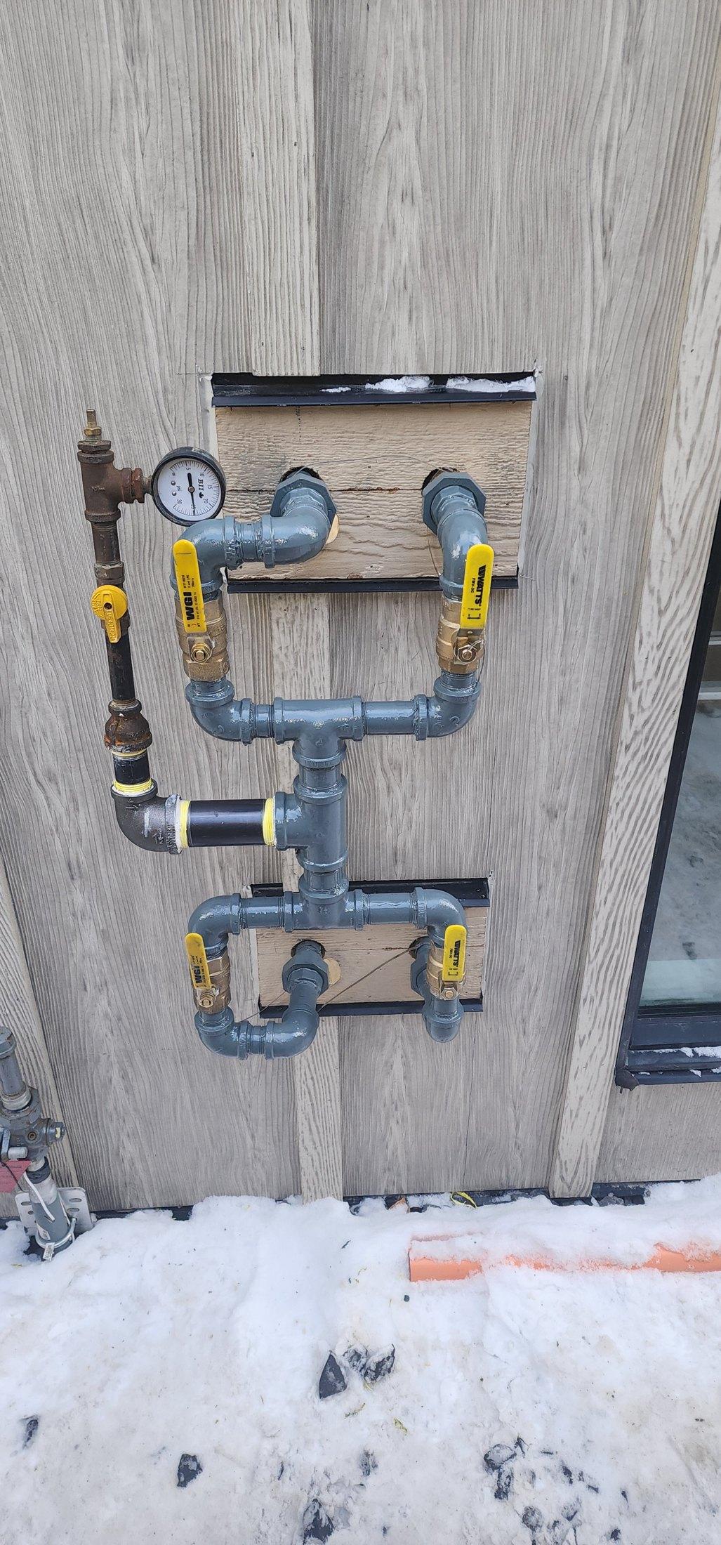 Calgary gas line routing with shutoff and pressure-tested fittings